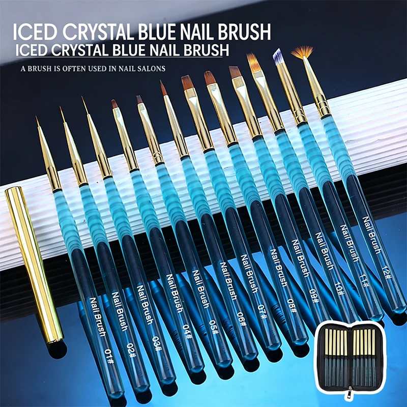 12Pcs Crystal Blue Nail Art Brush Set Soft Bristle With Caps Bag For UV Gel Liner Gradient Flower Beginner Manicure