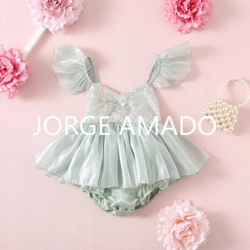 Girls Sister Matching Outfits Summer Sling Big Bow Bodysuit Sequined Square Collar Dress Cute Daughter Princess Gown H1518-2