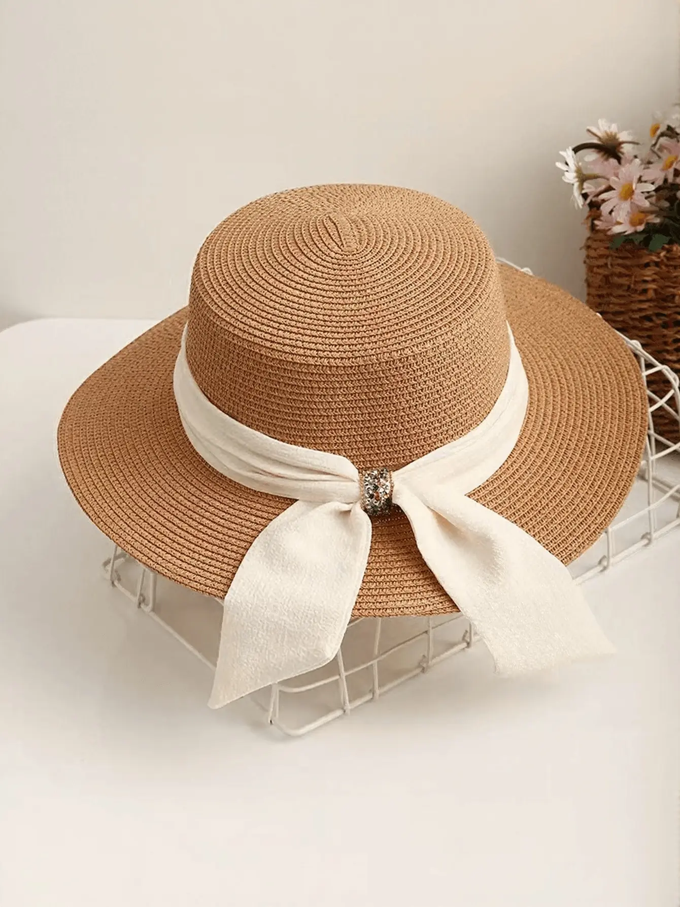 

1pc Women's Wide Brim Straw Bow Sun Hat, Beach Sunshade Hat,Holiday,Travel