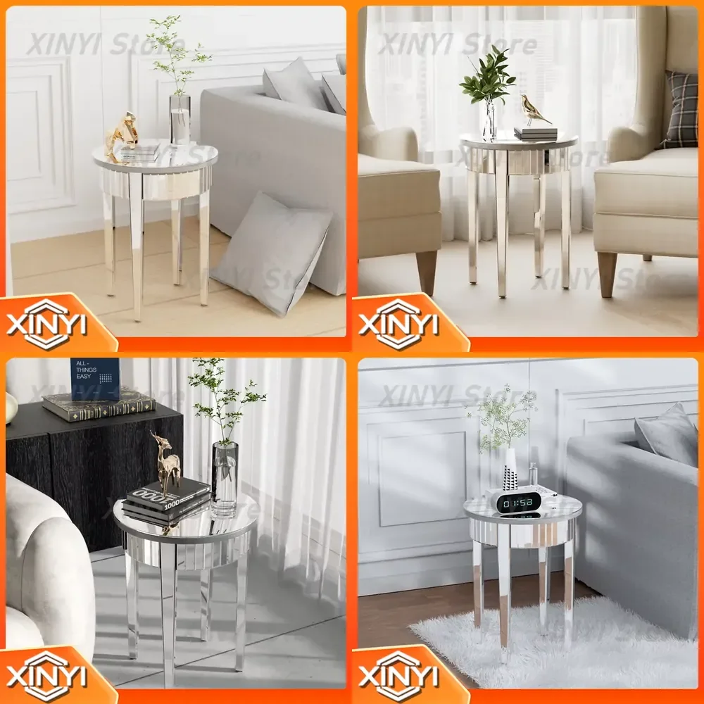 Modern Round Mirrored End Table for Bedroom Living Room Sofa Couch Silver Glossy Finish Accent Side Table Home Decor