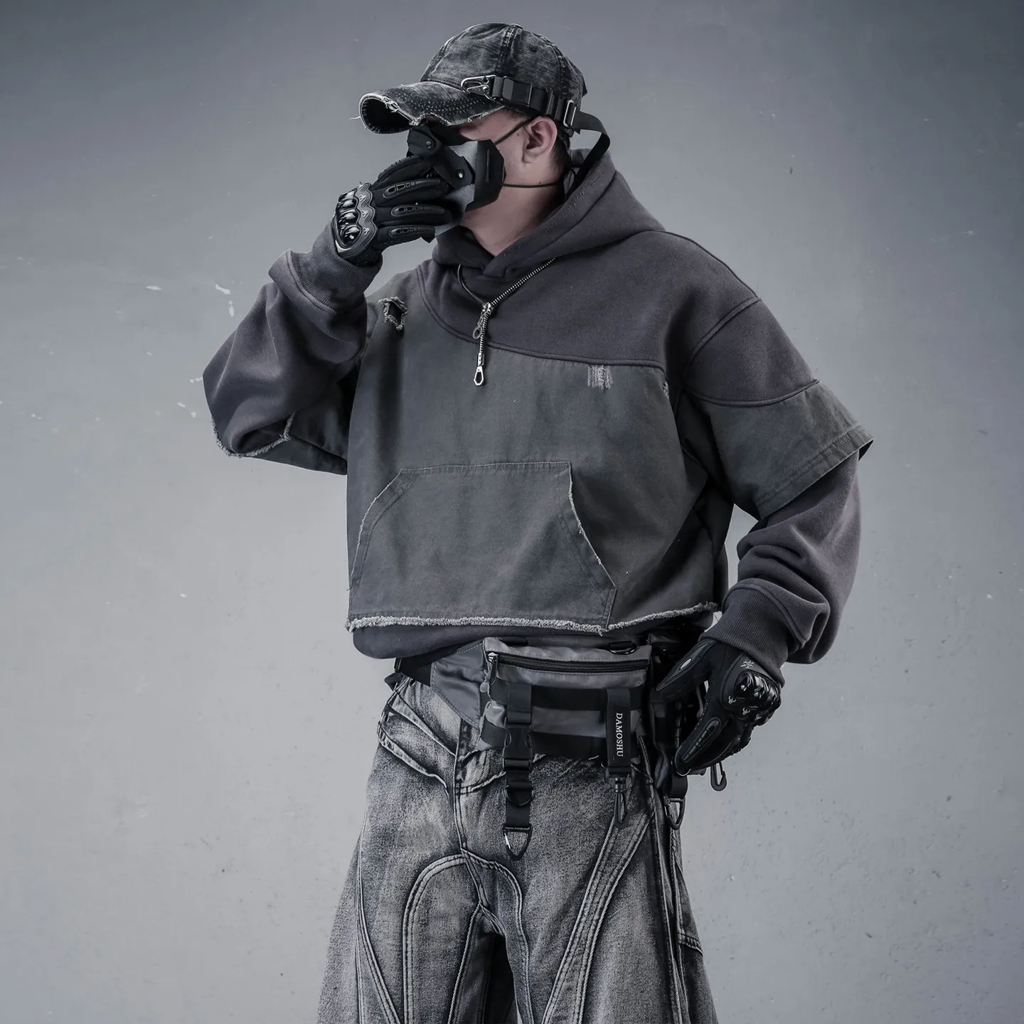 Wasteland design ripped stitching color-block winter fleece-lined thickened hooded sweatshirt hoodie for men