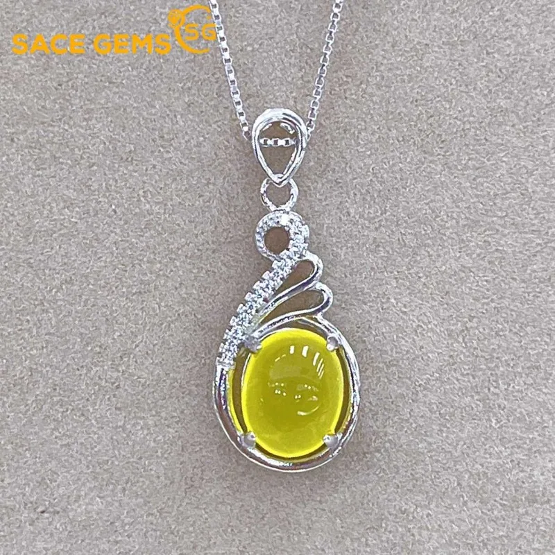 

SACEGEMS Certified 925 Sterling Silver 9*10MM Natual Yellow Prehnite Pendant Necklace for Women Engagement Party Fine Jewelr