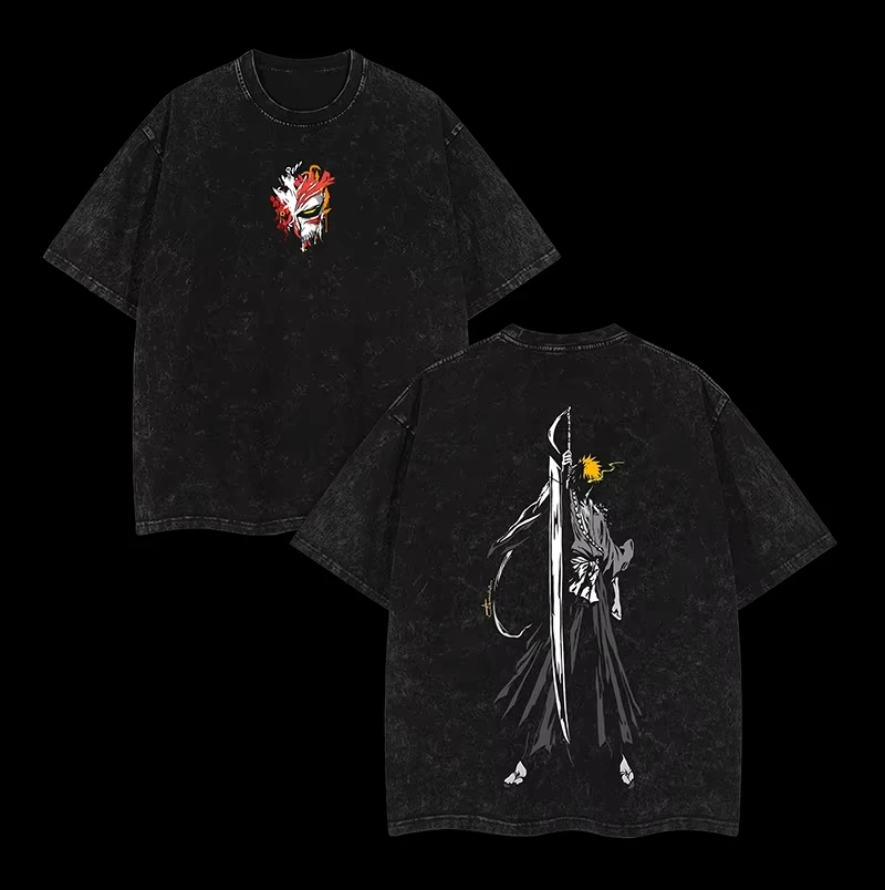 Bleach Anime Ichigo Kurosaki Bankai Hollow T-Shirt Washed Oversized Unisex Cotton Japanese Streetwear Anime Summer Casual Tee