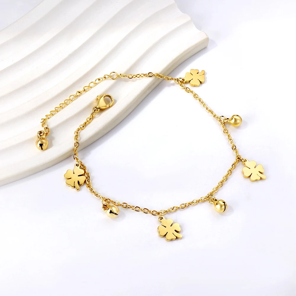 LUXUKISSKIDS New Clover Tassel Anklets Gold Color Stainless Steel Heart Star Charms Leg Bracelets For Woman/Girls Double Layered