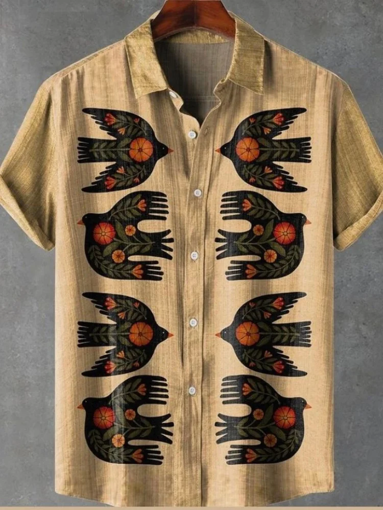 

New Fall/Winter Casual Men's Short-sleeved Shirt Retro-style Tribal Print Men's Shirt Outdoor Streetwear Men's Fashionable Shirt