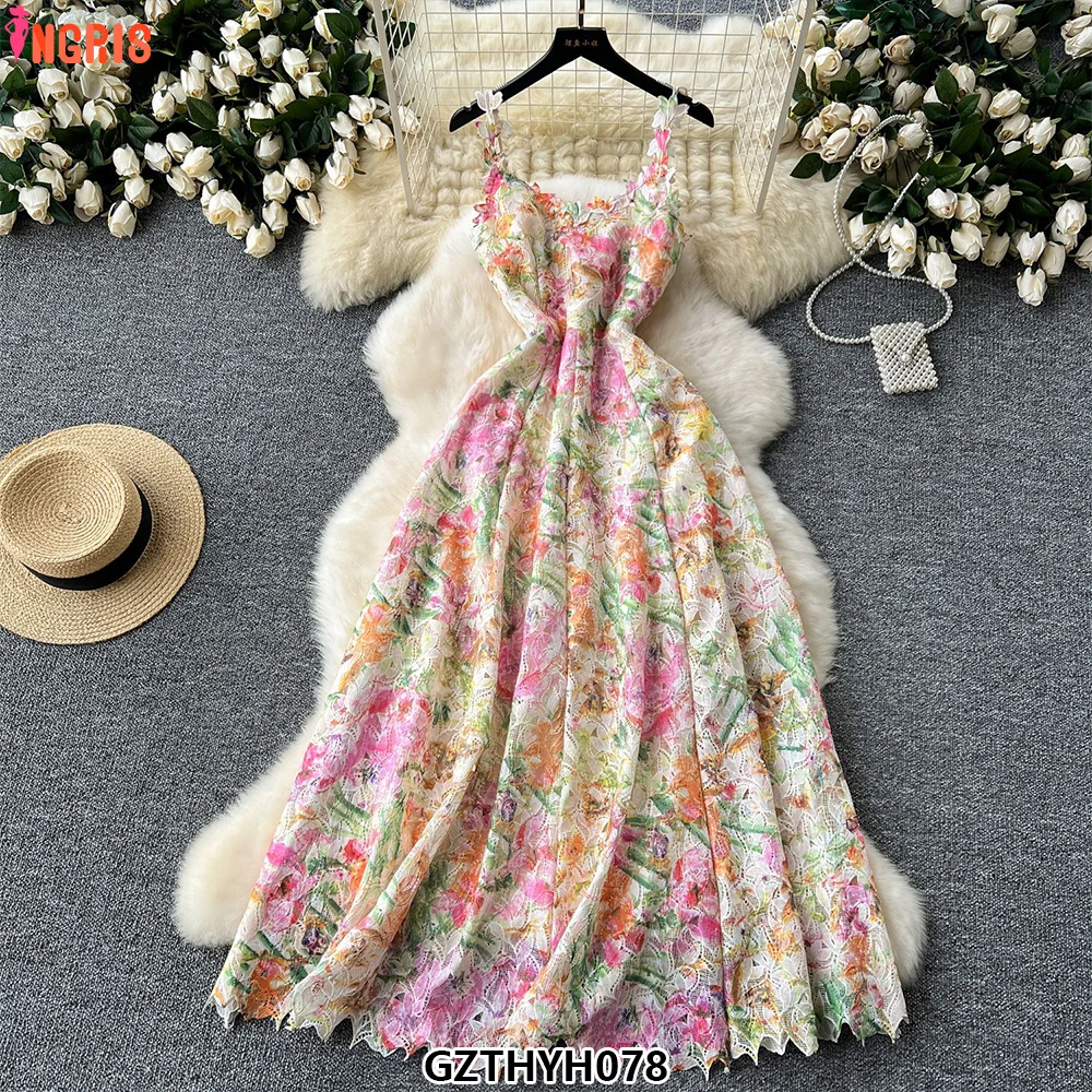 

2025 Long Maxi Dress Ladies Allover Crochet Lace Embroidery Sweet Sleeveless Zipper for Spring Summer-GZTHYH078