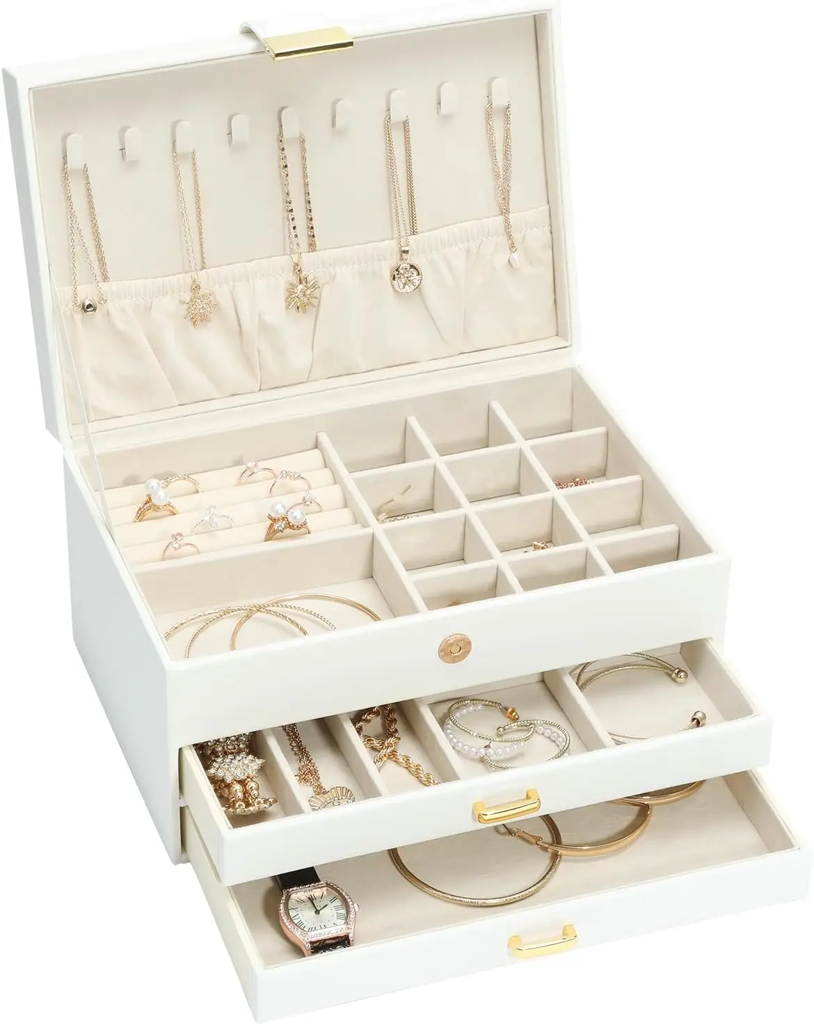 

White Jewelry Organizer Box, 3-Layer with 2 Drawers, for Earrings, Necklaces, Watches, Bracelets & Rings