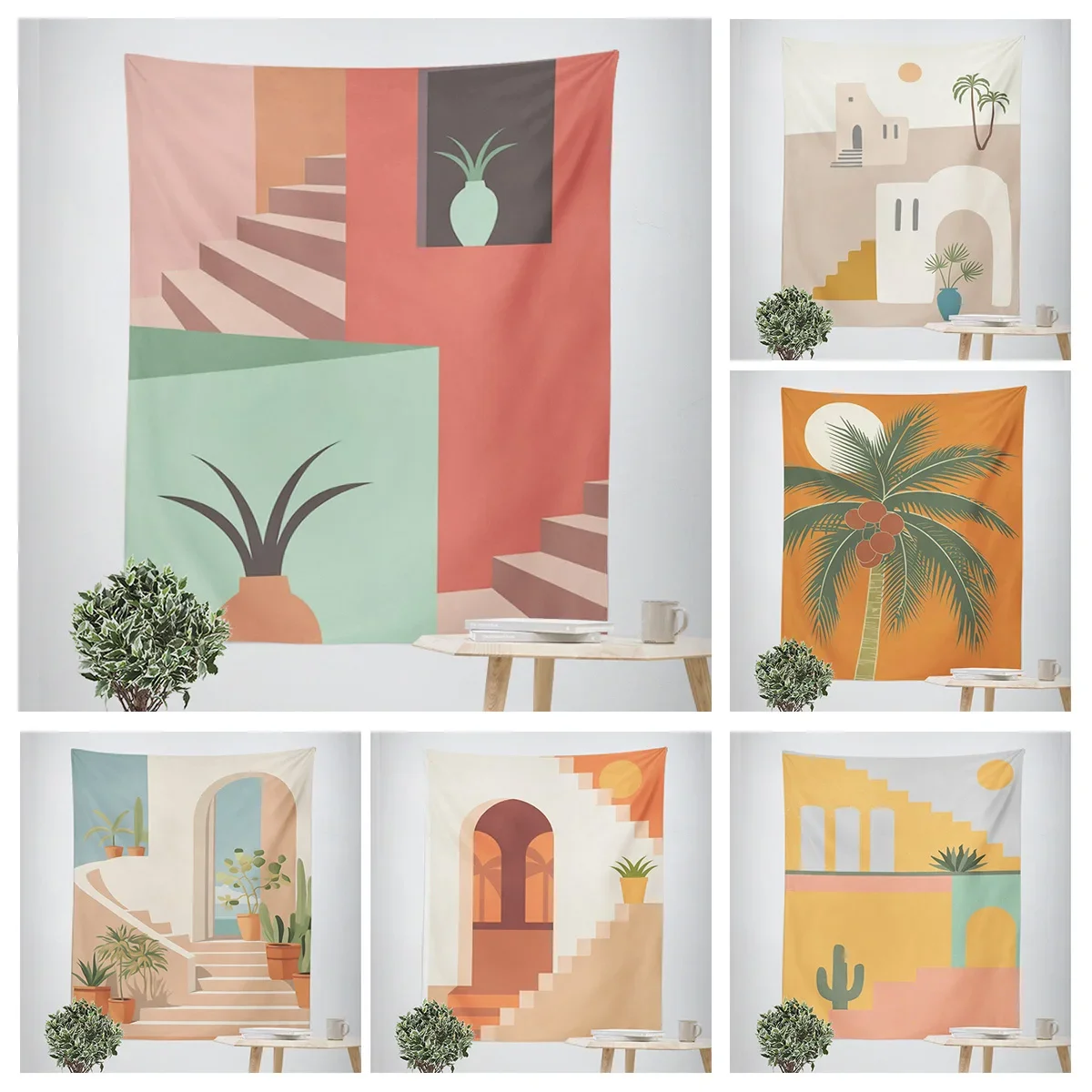 Coastal Staircase Tapestry - Modern Wall Hanging with Plants and Archway, Perfect for Home Decor, Stylish and Unique Design