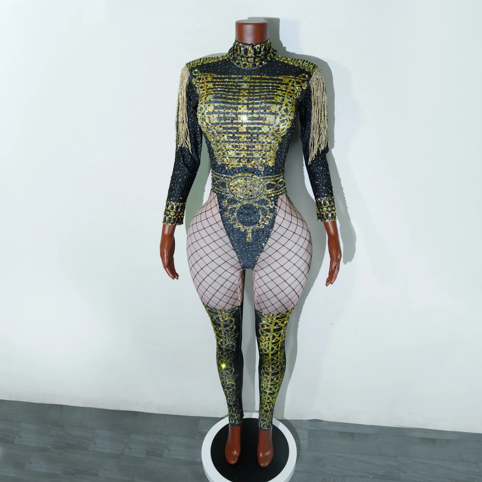 

sexy rhinestone sparkly fringe gold leotards jumpsuit pole dance singer nightclub stage performance costume drag queen clothing