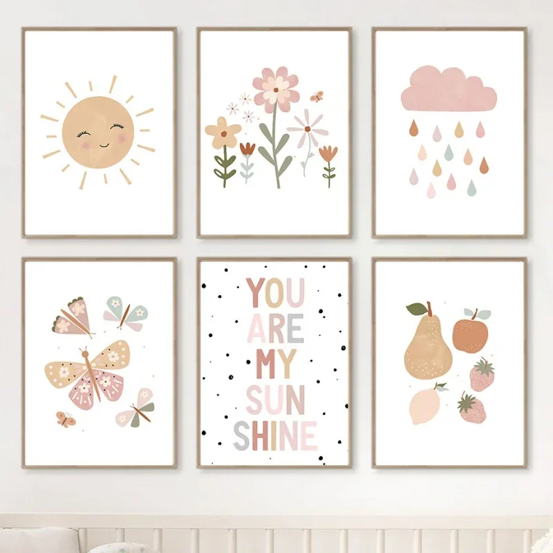 Girls Room Wall Art Butterfly Canvas Painting Nordic Rainbow Poster Printing Cartoon Picture Baby Room Decorative Painting