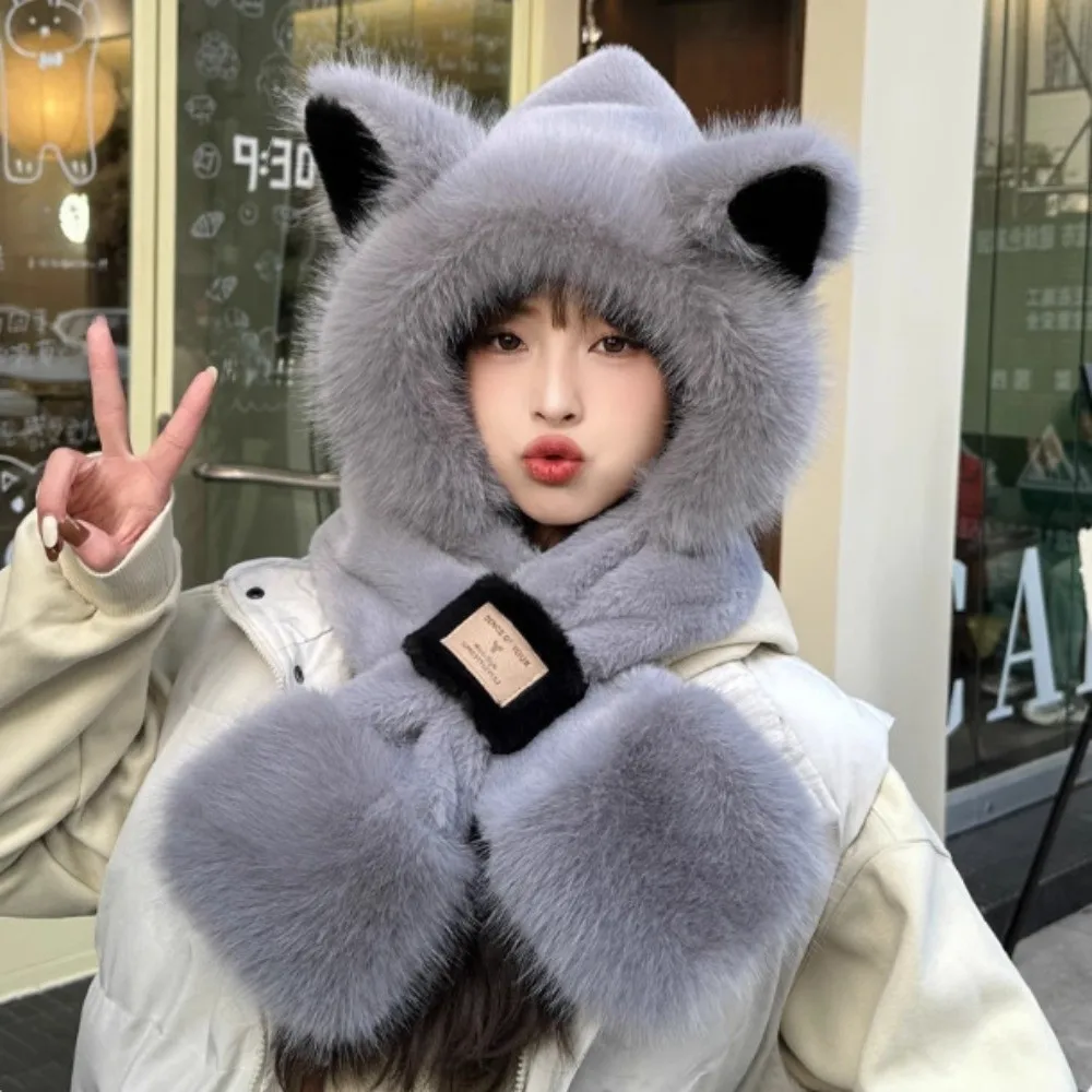 Cute Cartoon Winter Plush Hat 2 IN 1 Anti-cold Animal Ear Scarf Hat Warmer Windproof Ear Protection Cap Cycling