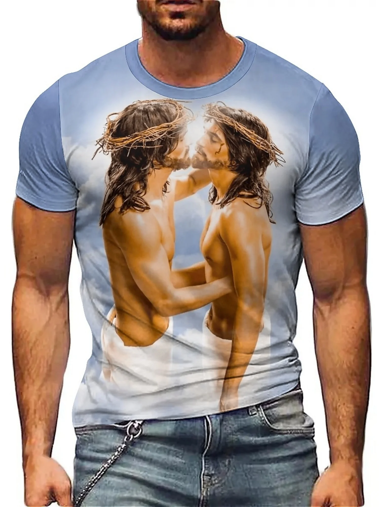 

Men'S Plus Size Hip-Hop Jesus T-Shirt - Cool 3D Digital Print, Short Sleeve, Polyester, Casual & Party Wear
