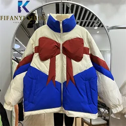 Patchwork Down Jackets Women Short Parka Zipper Bow Tie Fashion Spliced Cotton Coat Casual Warm Parkas Female Winter Jacket