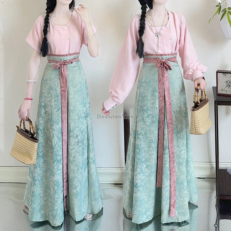 

2025 chinese retro tang dynasty style improved daily modern hanfu jacquard square collar shirt top long skirt 2 piece hanfu set