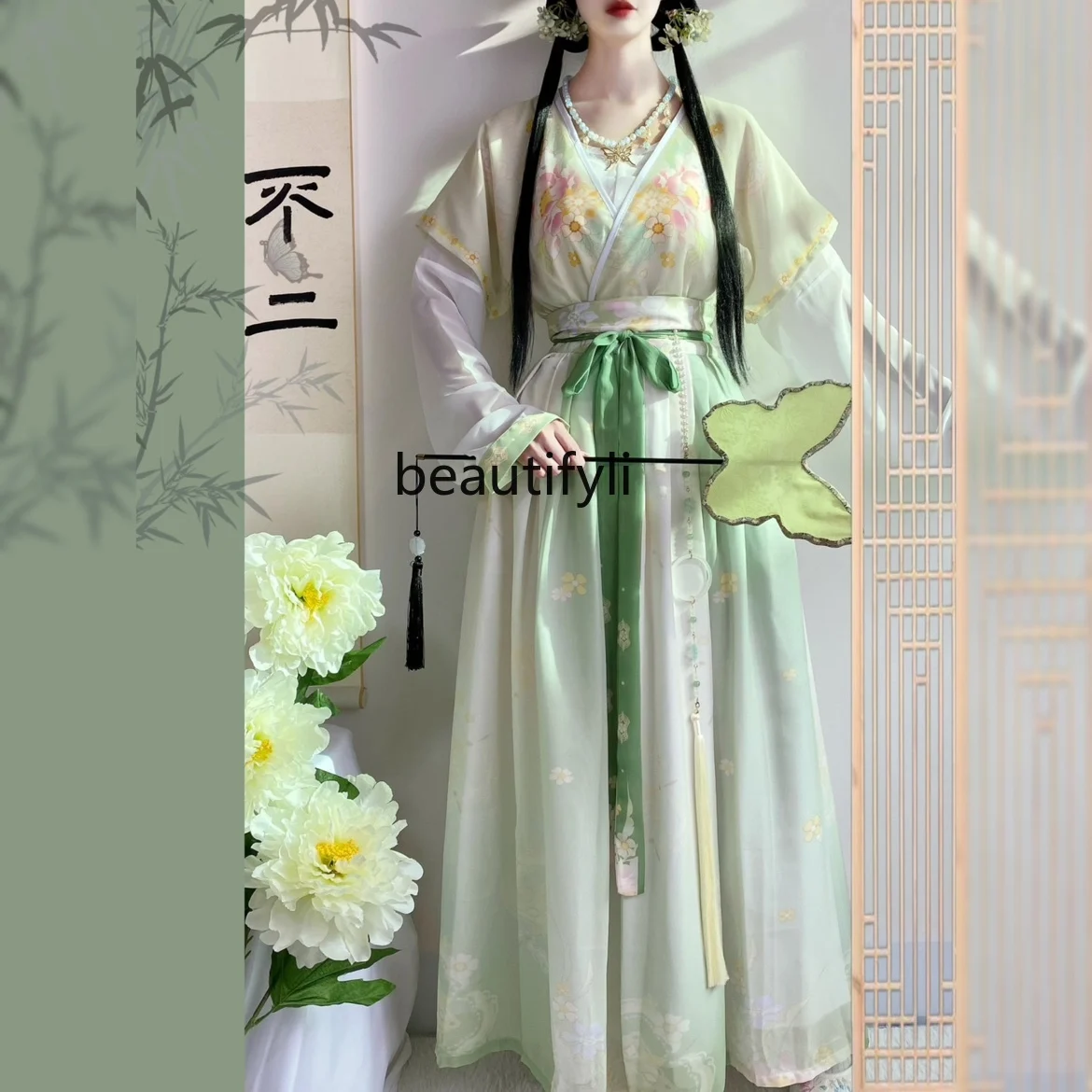 

Women's Han Chinese Clothing Tang Style Beizi Waist Pleated Skirt Cabbage Full Set Chinese Style Ancient Costume Summer Style