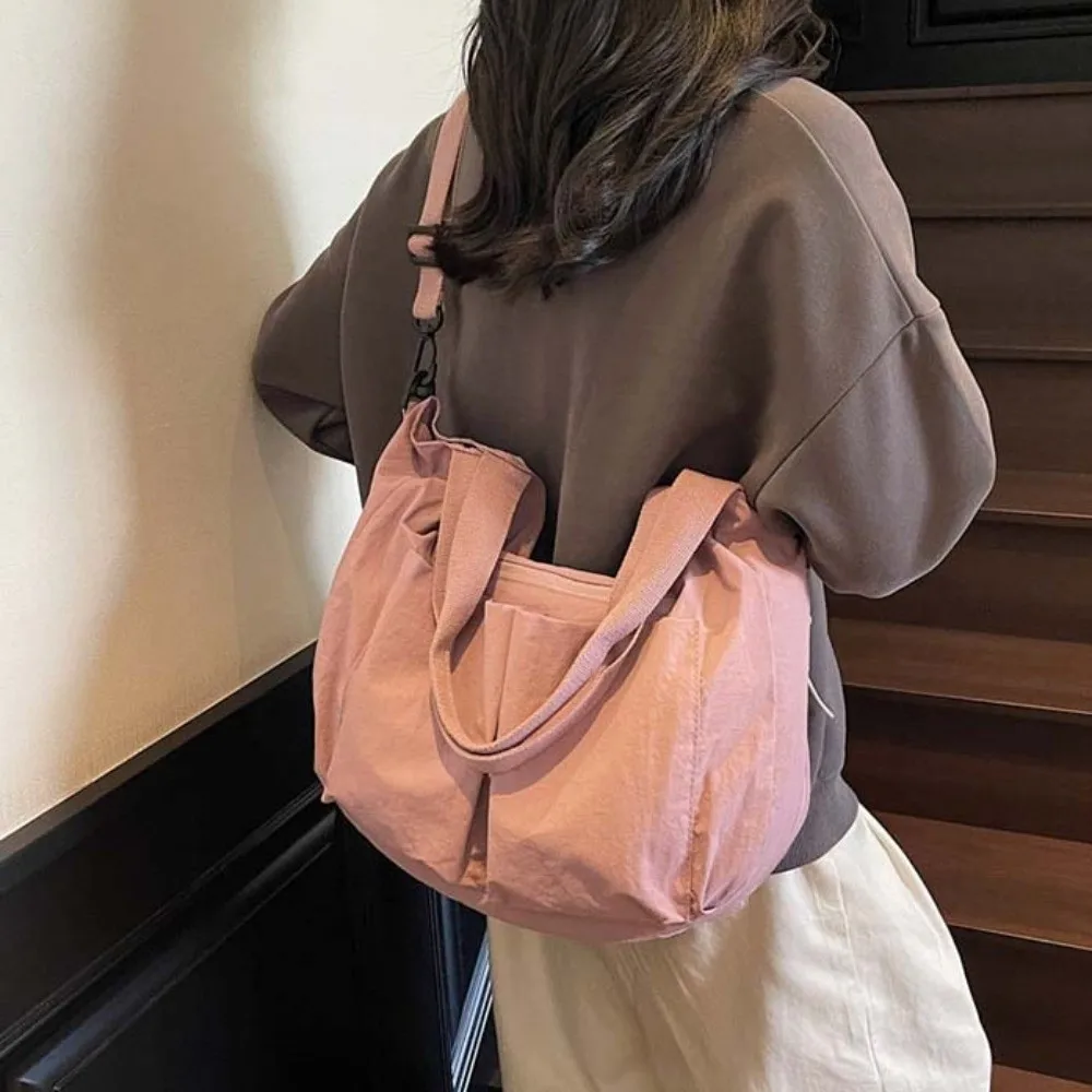 

Casual Solid Color Tote Bag Multi-Pocket Japanese Style Large Capacity Shoulder Bag Polyester Cloth Storage Pouch Travel
