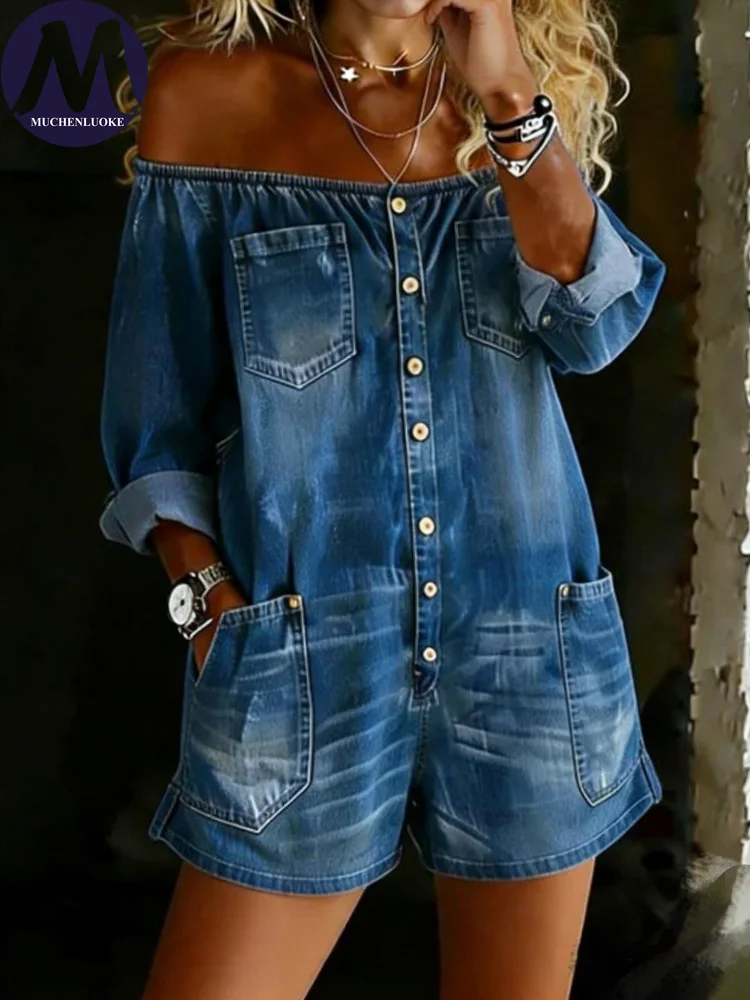Summer Retro Off-Shoulder Long Sleeve Jumpsuit for Women Loose Denim Washed Casual Fashionable Shorts Included