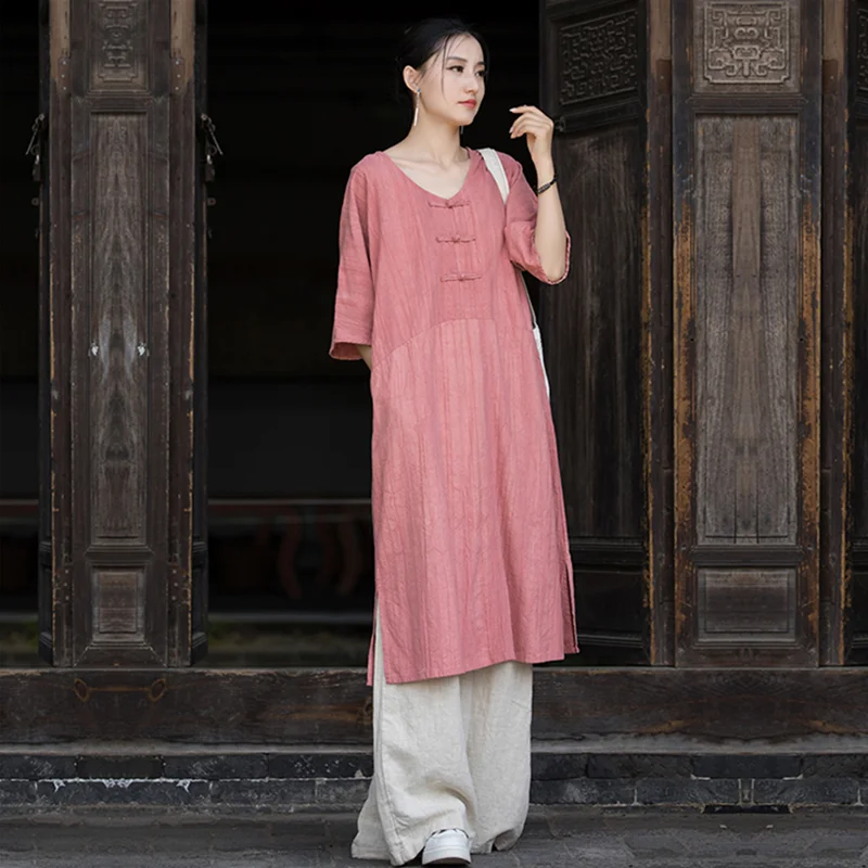 

short - sleeved Dress Long-Length Literature and Art Retro Spring Summer Cotton and Linen Loose Thin National Style