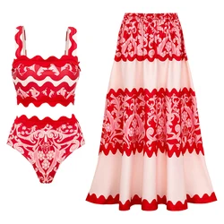 FLAXMAKER-Red Wavy Stripes Impresso Bikini, Maiô e Saia, Atacado