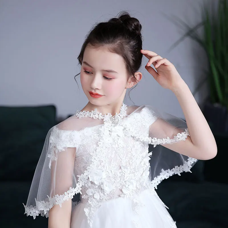 Flower Girl Lace Capelet Tulle Shawl for Kids Embroidery Mesh Cape Elegant Shawl Rhinestone Wedding Party Princess Dress Topper