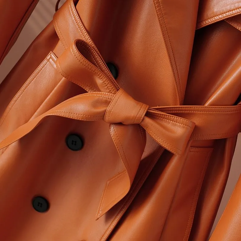 سترة واقية من الرياح للنساء سترة جلدية متوسطة الطول مع أربطة على الخصر وتناسب شكل من جلد الغنم الصناعي بدلة مزدوجة الصدر #6