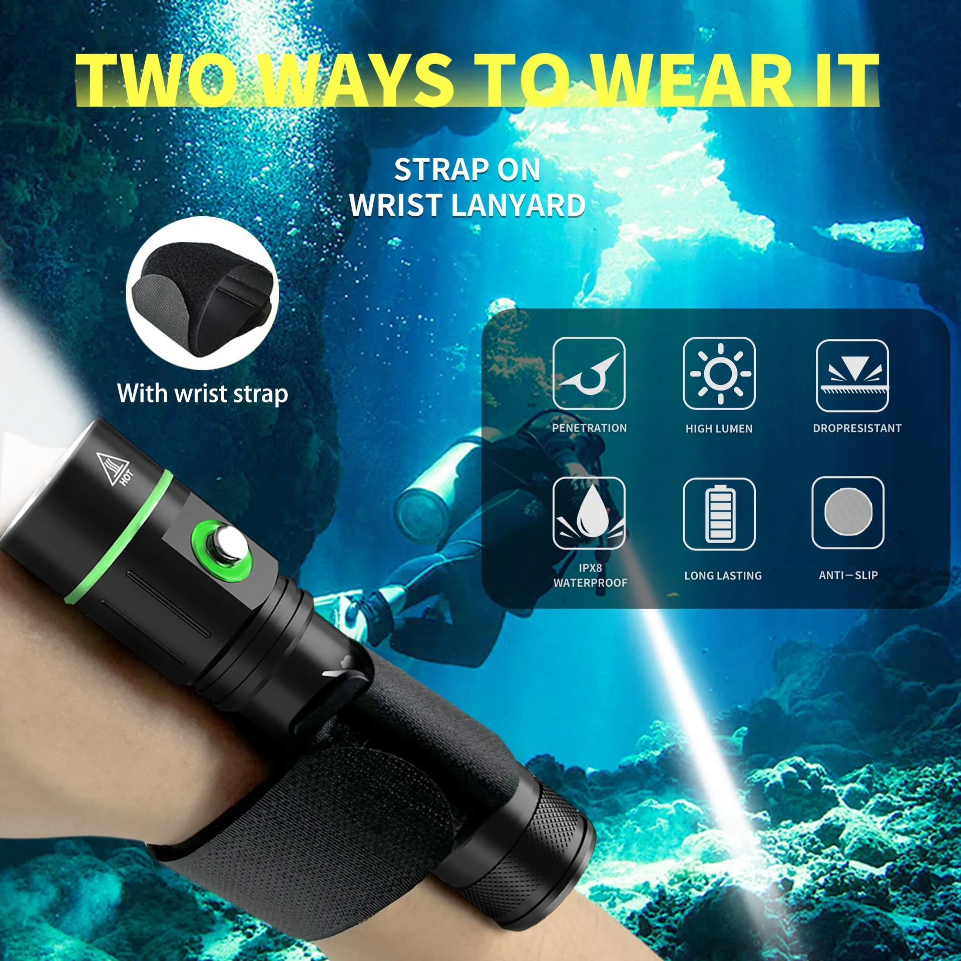 Professional Diving Flashlight IPX8 Waterproof Underwater Torch Rechargeable Diving 50m Underwater Lantern Scuba Light