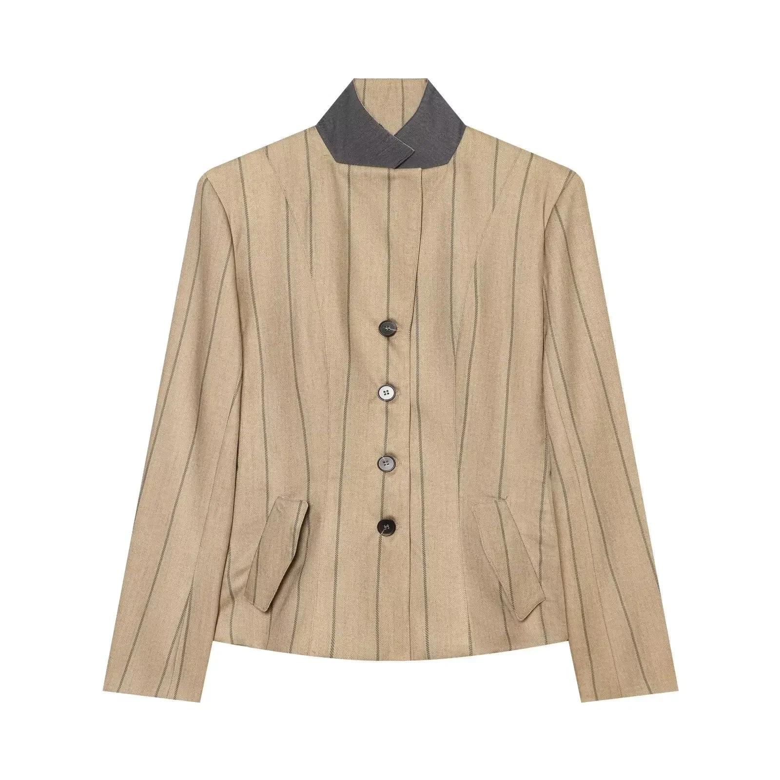 Vintage Khaki Women Striped Slim Blazers Spring Autumn Female Fashion Elegant Commute Blazers Lady Chic High Street OL Blazers