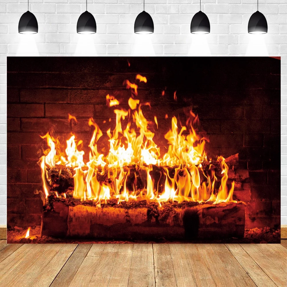 Burning Flame Photography Backdrop Winter Christmas Brick Fireplace Wood Fire Wallpaper Adults Baby Portrait Photo Background