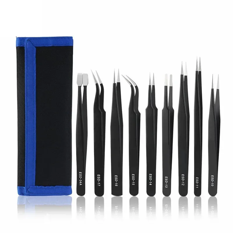 9-piece Canvas Bag Tweezers Set ESD Anti-static Pointed Elbow Hair Pick Grafting Eyelash Removal And Maintenance Tool