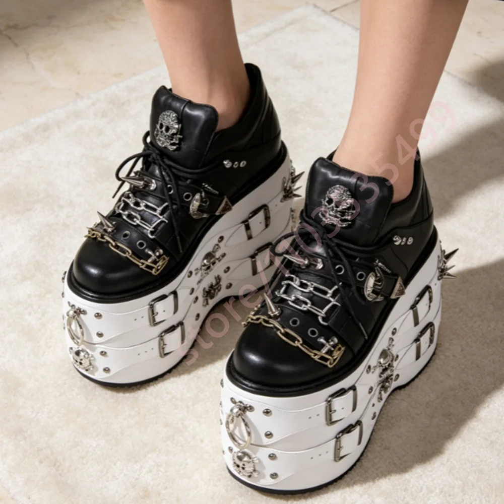 Black White Contrast Platform Ankle Boots Women Spider Spike Chain Buckle Decor Gothic Punk Wedge High Heel Streetwear Booties