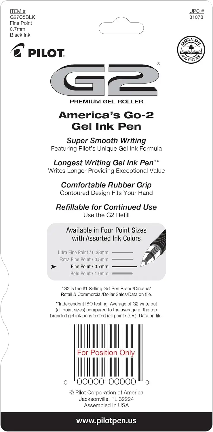 Gel Roller Pens 0.7mm Black - 5 Pack Fine Point Smooth Ink Pens for School, Office & Note Taking