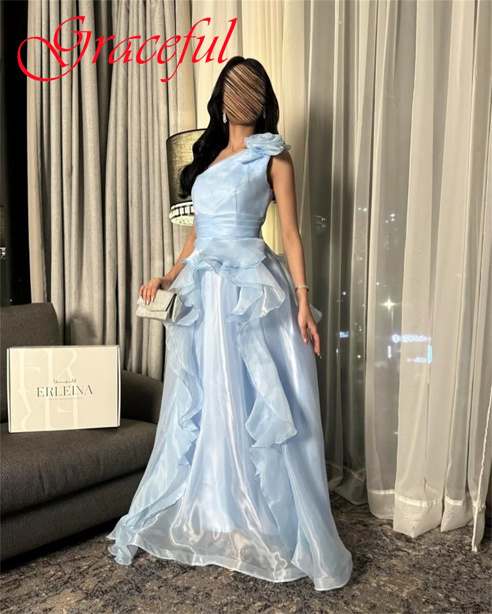 Sukienka wieczorowa szyfonowa w kolorze niebieskim, wysokiej jakości, szyta na miarę, elegancka sukienka koktajlowa z dekoltem w łódkę, na jedno ramię, delikatna sukienka na powrót do domu.