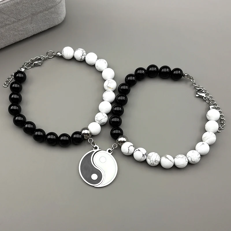 تاي تشي يين يانغ زوجين سلسلة للنساء الرجال الفولاذ المقاوم للصدأ أبيض أسود الخرز الصينية الفن الإيمان قلادة القلائد مجوهرات هدية #5