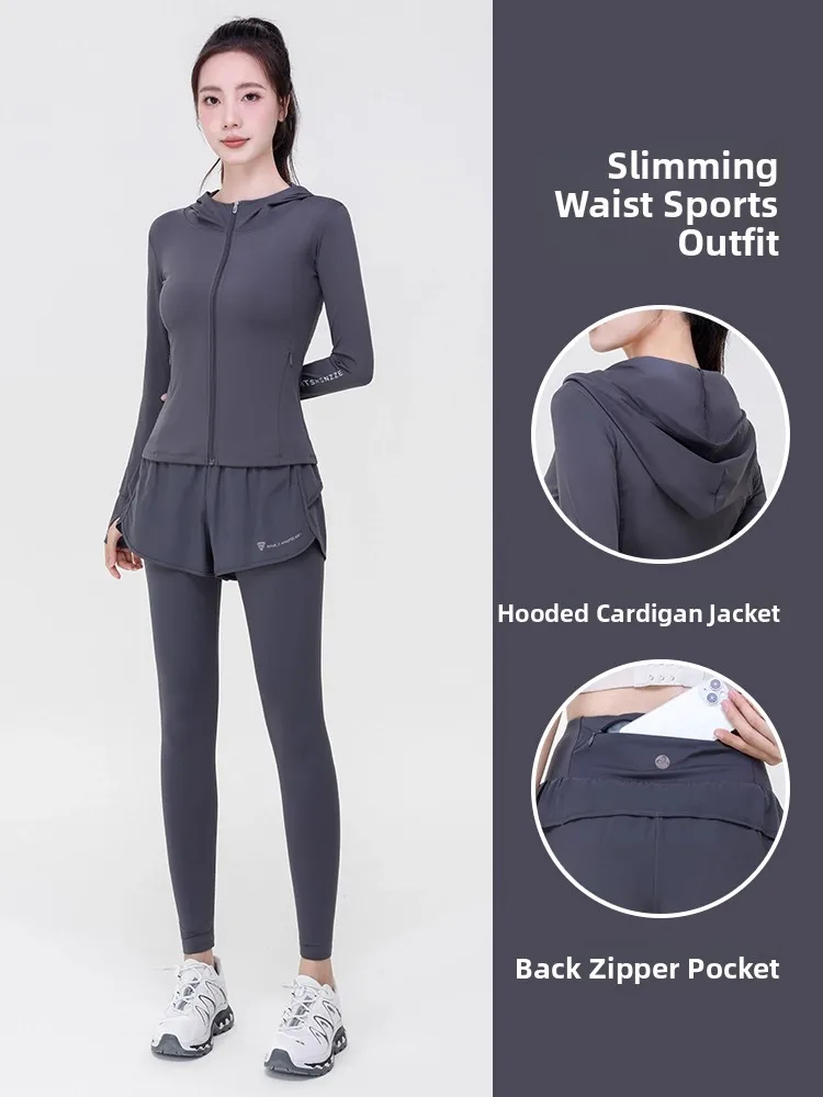 

Женский комплект спортивной одежды для бега, фитнеса и йоги, быстросохнущий, с длинными рукавами, с капюшоном и молнией, комплект из двух предметов, профессиональный костюм для утреннего бега