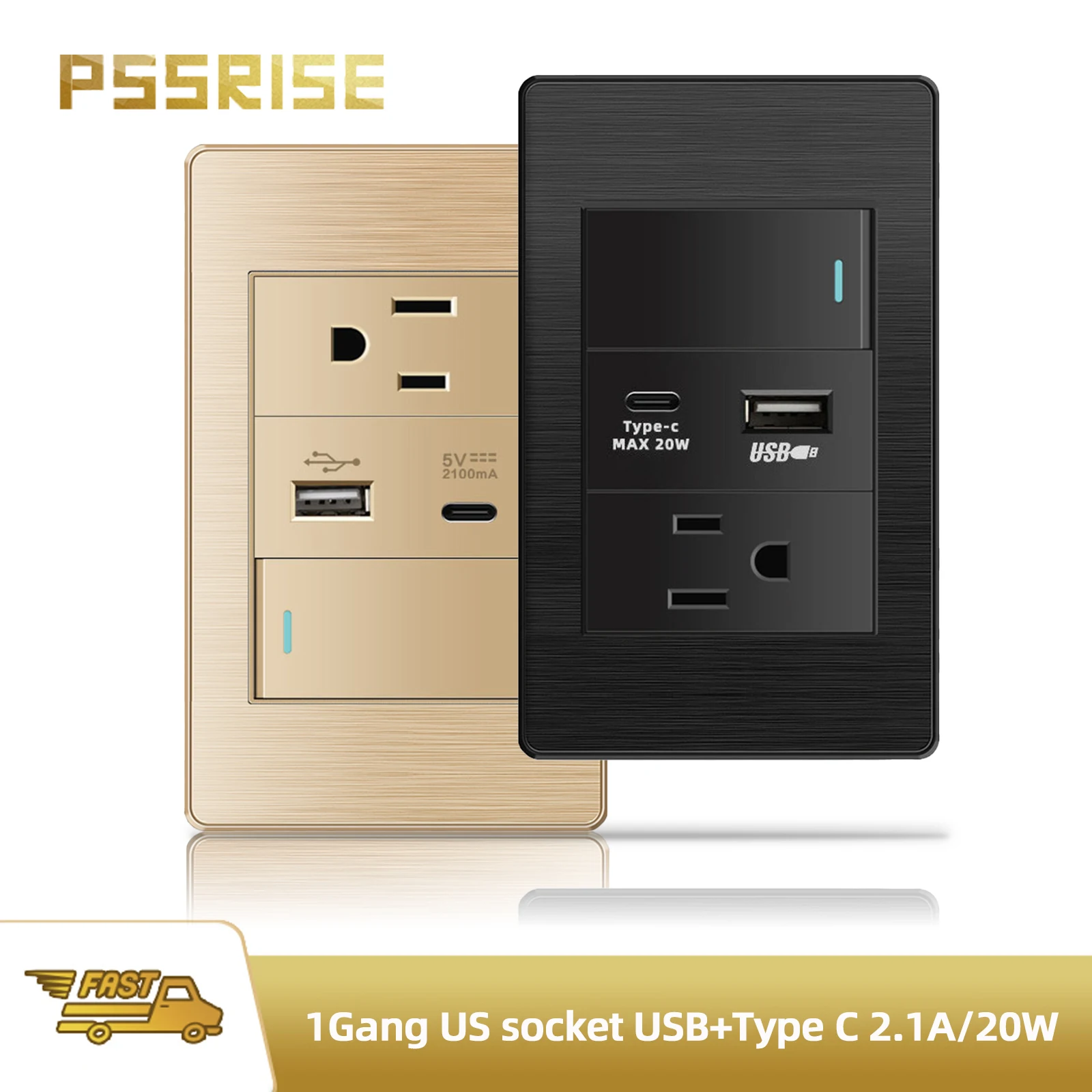 PSSRISE Fireproof PC Brushed American Mexico Standard Socket with 1Gang Switch USB Type C 2100mA Fast charging Wall Power Outlet