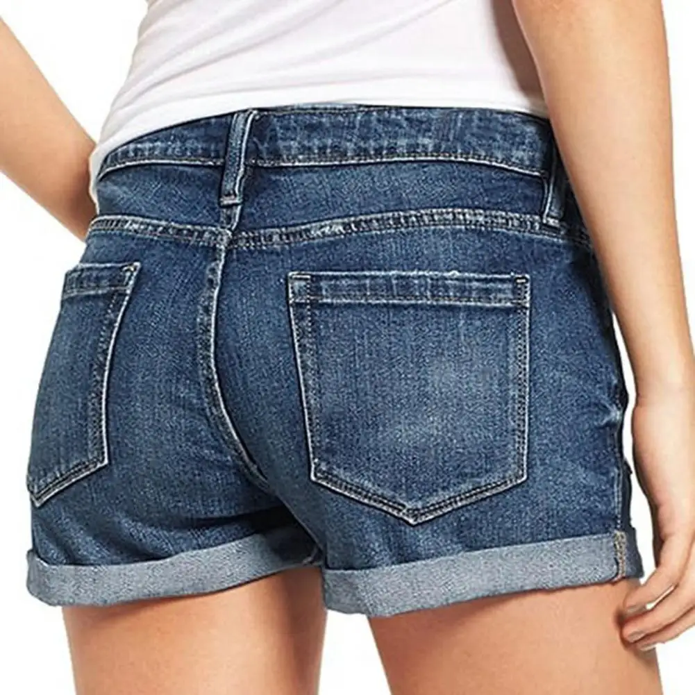 Denim Shorts for Women Women's Mid Rise Distressed Denim Shorts with Pockets Summer Jean Shorts for Females Stretchy Cuffed Hem