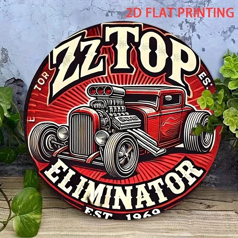 2D Flat, 1pc ZZ Top Eliminator Hot Rod Car Tin Sign - Vintage Heavy Metal Decor - Retro Red & Black Retro Garage Art - Pre-Drill view 6