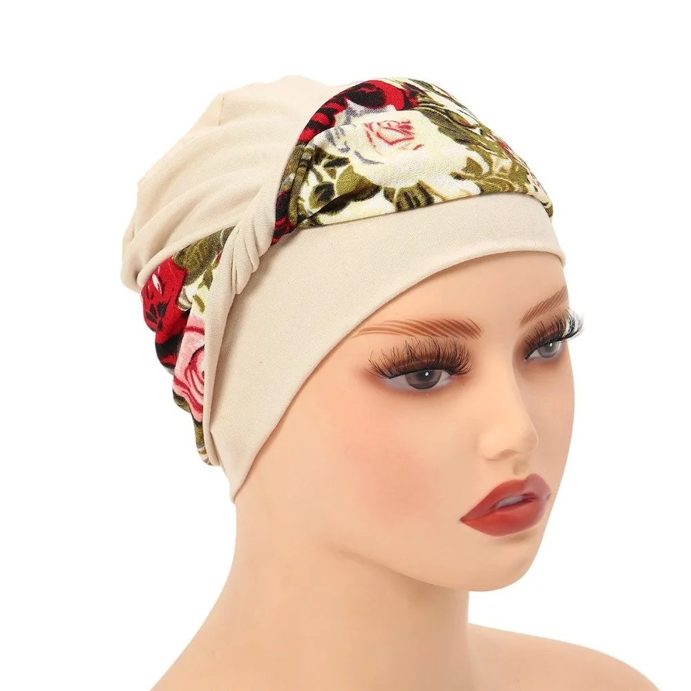 Casual Flower Printed Knot Chemo Hat Stretchy Elastic Chemotherapy Head Wraps Soft Breathable Beanie Hats