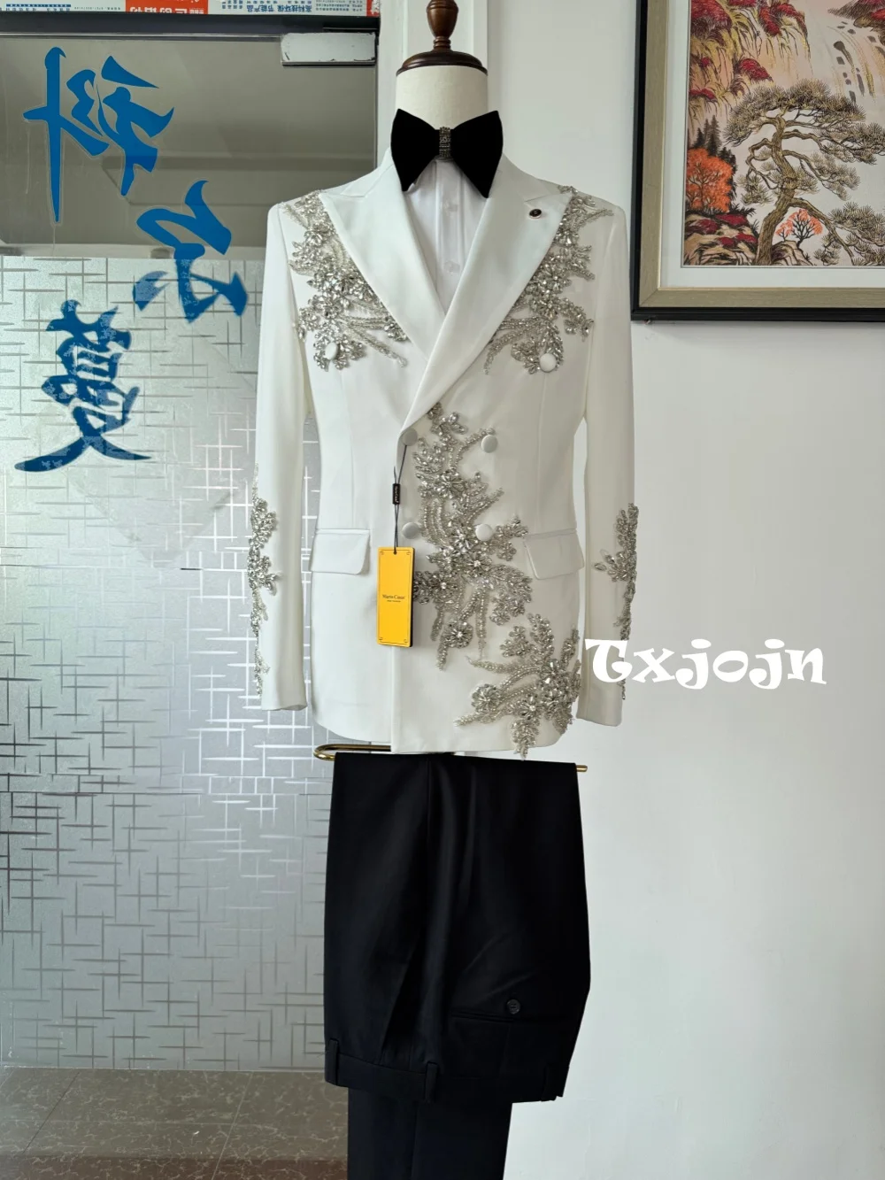 Men's White Luxurious Rhinestones Suits 2 Pieces Wedding Party Wear Double Breasted Handsome Tuxedo Sets Piano Performance Wear