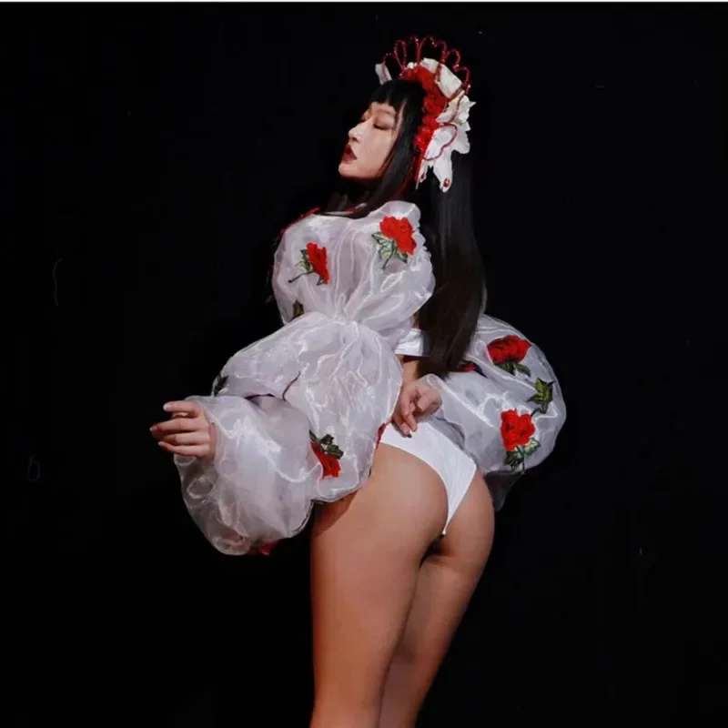 Kostium taneczny z bufiastymi rękawami i wycięciami, seksowny strój do klubu nocnego, dla tancerki gogo, na występy sceniczne, festiwal, rave.