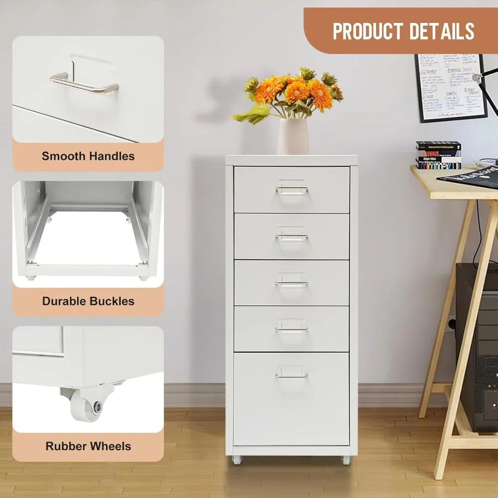 

Mobile Metal File Storage Cabinet 5 Drawer Home Office Furniture Filing Cabinets with Wheels for Home Living Room (White)