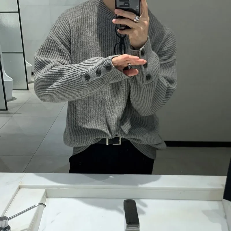 Men's Solid Color Pullover Button Long Sleeve Turtle Neck Threaded Fashion Casual Commuting Sweater Knit Top