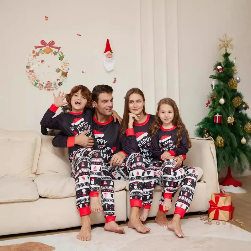 

Family Matching Pajamas Outfits Christmas Santa Print New Year's Clothes Cartoon Letter Round Neck Long Sleeve 2Pcs Xmas Look