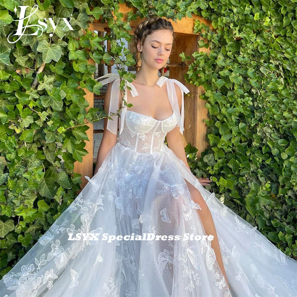 Lsyx Schmetterling Spitze Schatz Abschluss ball Kleid Schleife Träger a-Linie hohe Seite Schlitz Sweep Zug Tüll Abendkleid Roben de Soirée