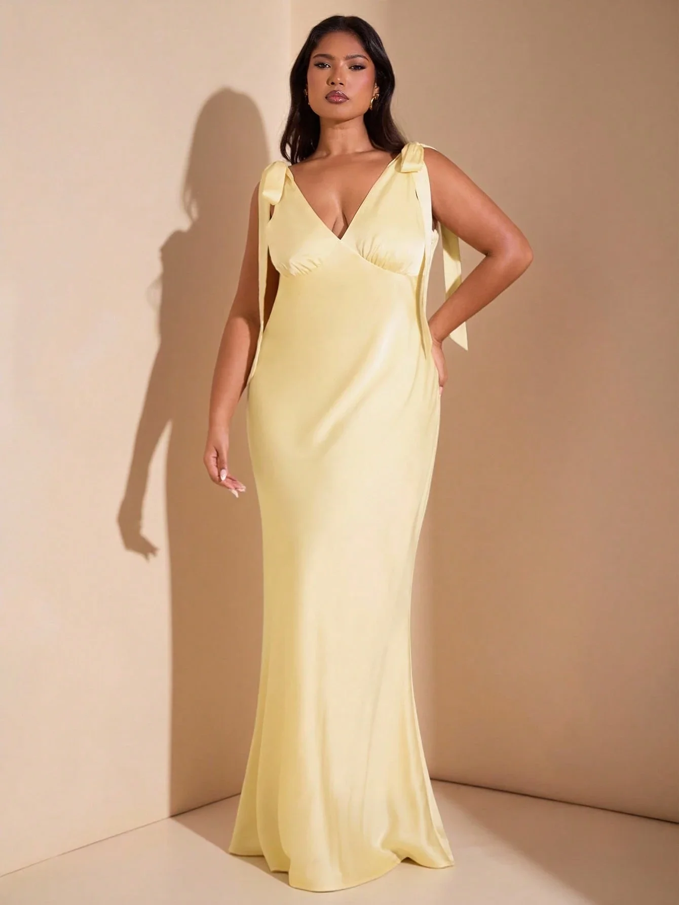 

Elegant Cream Yellow Satin Maxi Dress With Deep V-Neck, Bow-Tie Straps, Mermaid Silhouette For Party, Bridesmaid, Formal Events