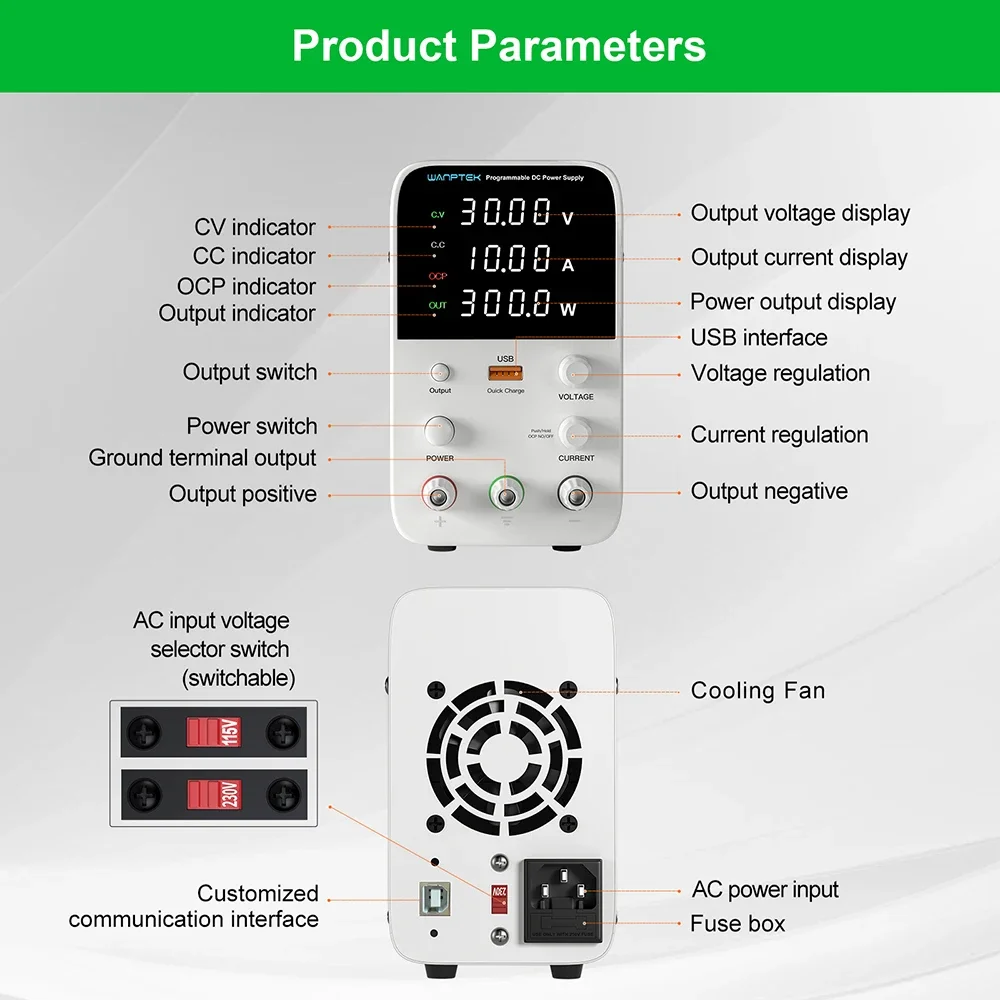 WANPTEK Lab DC Power Supply 30V 10A, Encoder Adjustment Adjustable Stabilized Power Source Switch, 60V 5A 120V 3A 160V 2A, PC Connect - Image 5