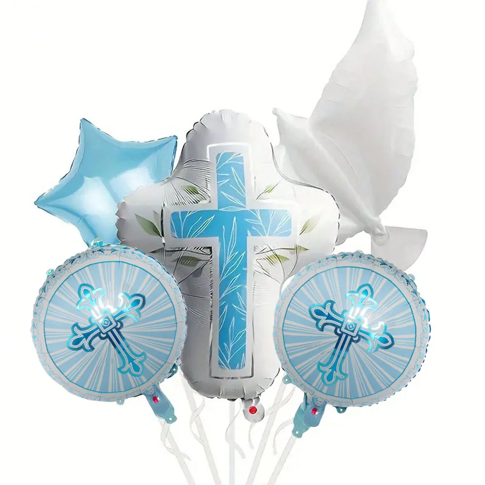 5 Stück Blau-Rosa Erstkommunion Folienballons Dekorationen Kreuz Stern Taufe Party Ballons für Gottessegen Taufe – Detail 1