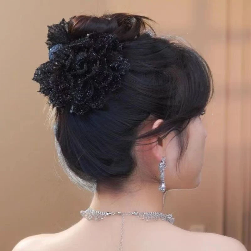 Fashion Black Mesh Flower Hair Clip Women Shark Ponytail Clip Headdress Temperament Flower Hair Claw Headwear Hair Accessories