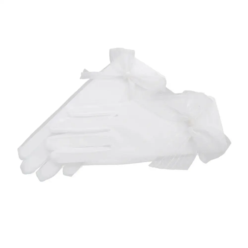 أنيقة قفازات الزفاف الساتان الأبيض القوس اللؤلؤ الدانتيل شبكة فستان العروس قفازات شفافة قفازات برباط حفلة موسيقية تأثيري #5