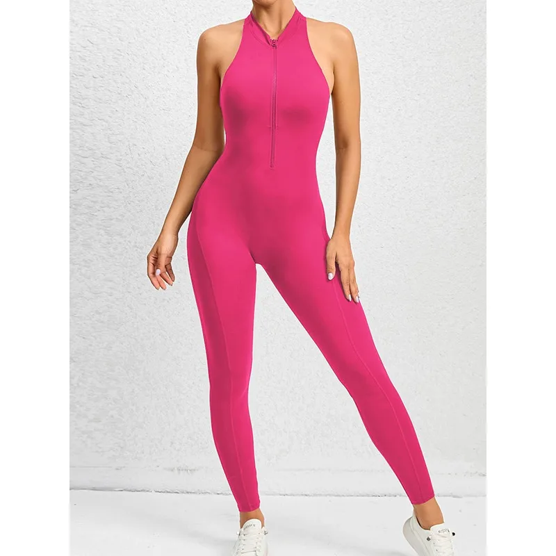 

Krisnanas One Piece Jumpsuits Woman 2025 Solid Color Running Fitness Skinny Backless Zipper Bodysuit Female Jumpsuit 155119